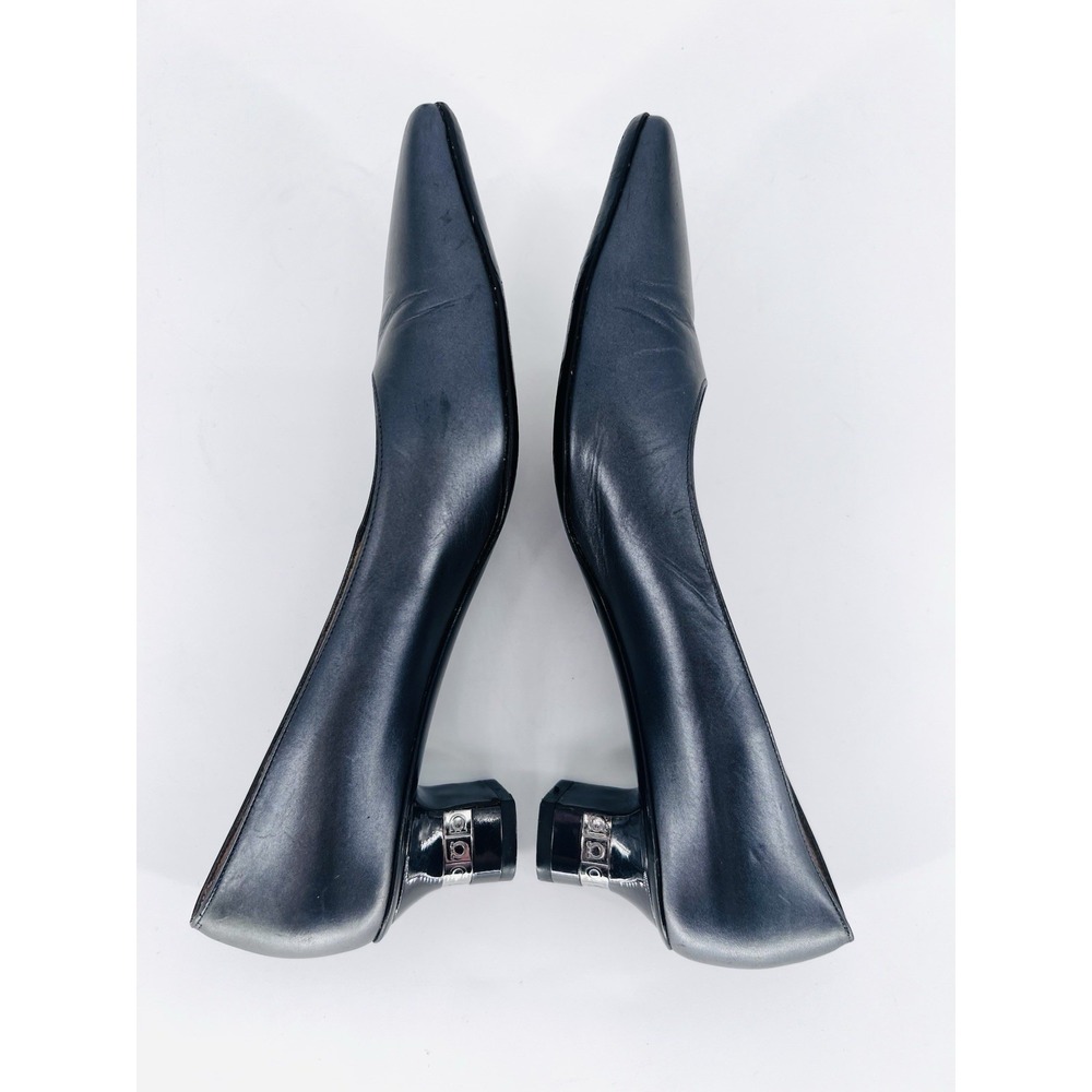Salvatore Ferragamo Slate Gray Pearl Leather with Chrome Gancini Logo Heel 6.5B - Picture 10 of 12